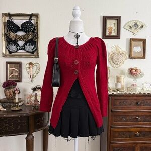 Girly grunge femme fatale vixen red cozy knit cardigan w puff sleeves